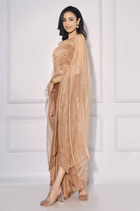 Kressa_Brown Organza, Crepe Stones, Sequins Square Embroidered Cape Draped Skirt Set _Online_at_Aza_Fashions