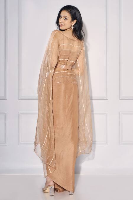 Shop_Kressa_Brown Organza, Crepe Stones, Sequins Square Embroidered Cape Draped Skirt Set _Online_at_Aza_Fashions