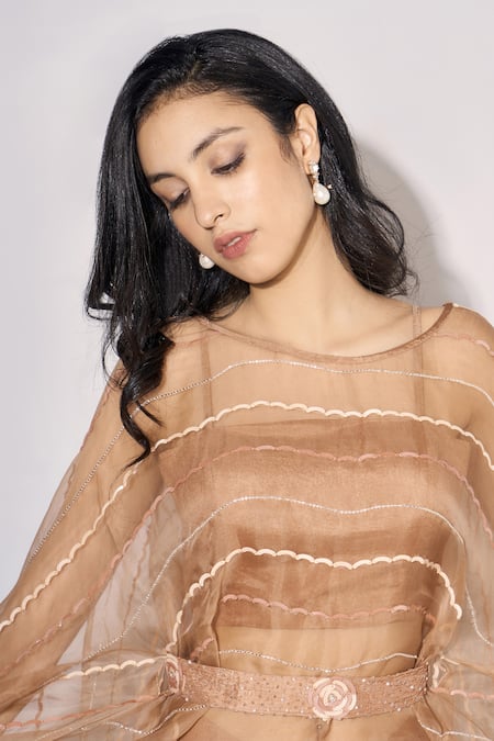 Kressa_Brown Organza, Crepe Stones, Sequins Square Embroidered Cape Draped Skirt Set _at_Aza_Fashions
