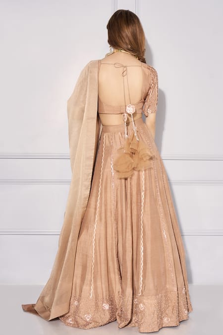 Shop_Kressa_Brown Silk, Denim, Tussar Sequins, Stones, Cut Work Round And Dana Lehenga Set _at_Aza_Fashions