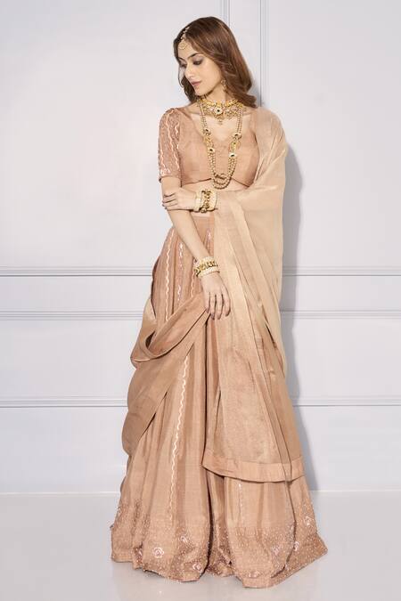 Kressa_Brown Silk, Denim, Tussar Sequins, Stones, Cut Work Round And Dana Lehenga Set _Online_at_Aza_Fashions