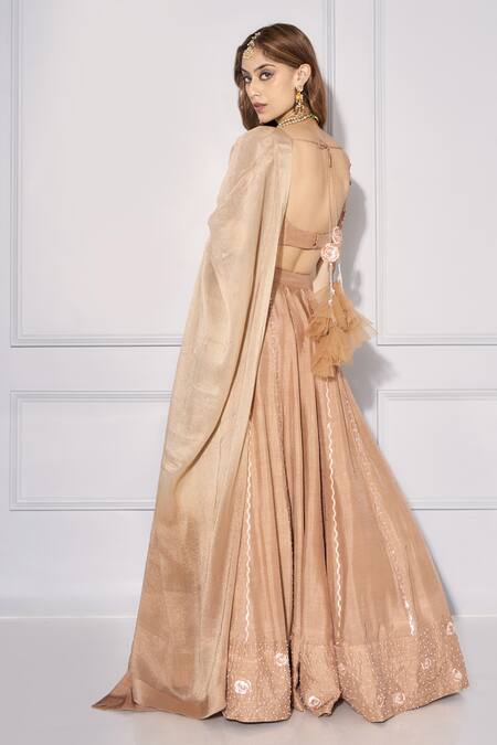 Shop_Kressa_Brown Silk, Denim, Tussar Sequins, Stones, Cut Work Round And Dana Lehenga Set _Online_at_Aza_Fashions