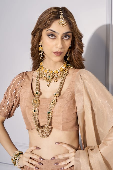 Kressa_Brown Silk, Denim, Tussar Sequins, Stones, Cut Work Round And Dana Lehenga Set _at_Aza_Fashions