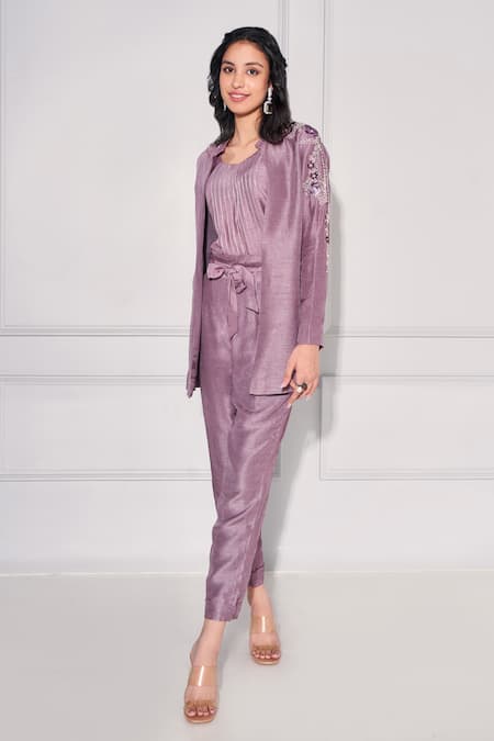Kressa_Purple Silk Beads, Sequins, Zari, Embroidery Placement Floral Blazer Pant Set_Online_at_Aza_Fashions