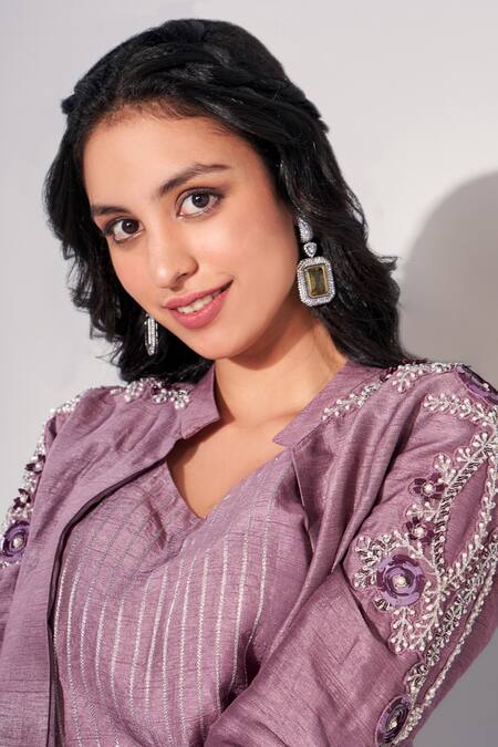 Shop_Kressa_Purple Silk Beads, Sequins, Zari, Embroidery Placement Floral Blazer Pant Set_Online_at_Aza_Fashions