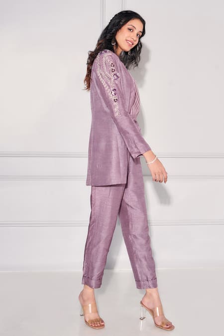 Kressa_Purple Silk Beads, Sequins, Zari, Embroidery Placement Floral Blazer Pant Set_at_Aza_Fashions