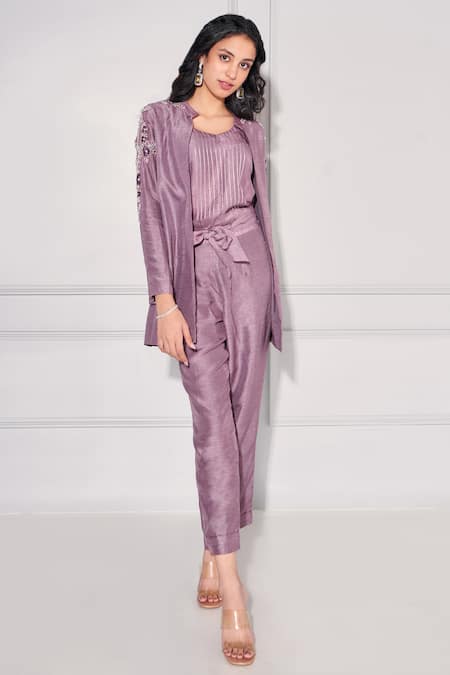 Buy_Kressa_Purple Silk Beads, Sequins, Zari, Embroidery Placement Floral Blazer Pant Set