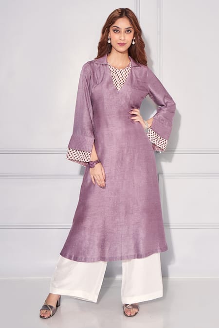 Kressa Purple Dupion Silk Embroidered Cut Dana And Thread Yoke Kurta & Pant Set  