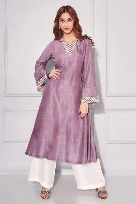 Buy_Kressa_Purple Silk Embroidery Collared Yoke Kurta And Pant Set _Online_at_Aza_Fashions