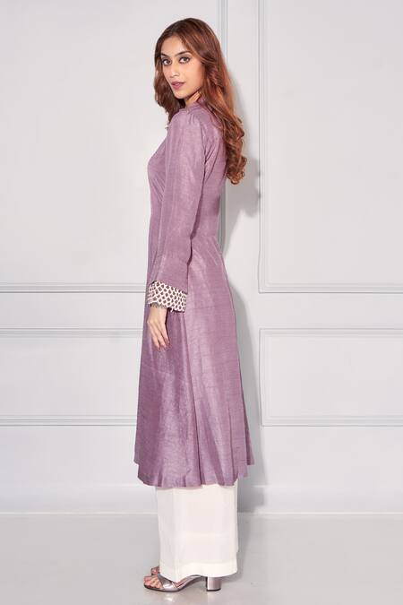 Shop_Kressa_Purple Silk Embroidery Collared Yoke Kurta And Pant Set _Online_at_Aza_Fashions