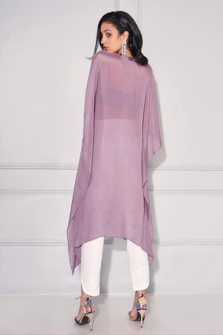 Shop_Kressa_Purple Crepe, Cotton, Silk Embroidery, Sequins Asymmetric, Yoke Kaftan Pant Set _at_Aza_Fashions