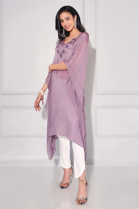 Kressa_Purple Crepe, Cotton, Silk Embroidery, Sequins Asymmetric, Yoke Kaftan Pant Set _Online_at_Aza_Fashions