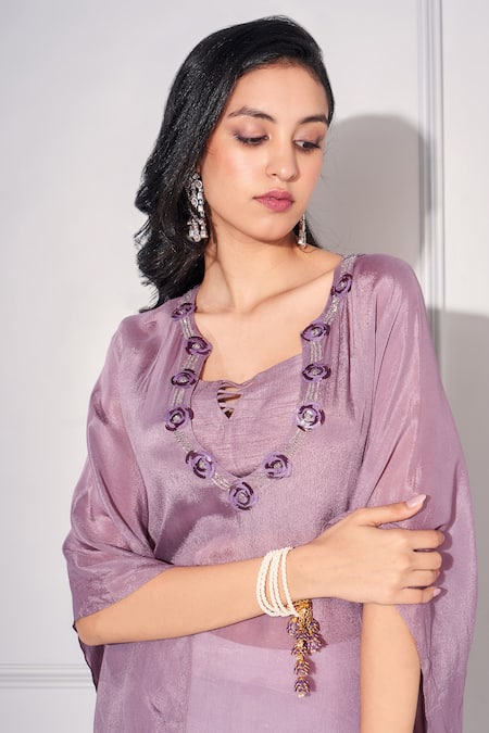 Buy_Kressa_Purple Crepe, Cotton, Silk Embroidery, Sequins Asymmetric, Yoke Kaftan Pant Set _Online_at_Aza_Fashions