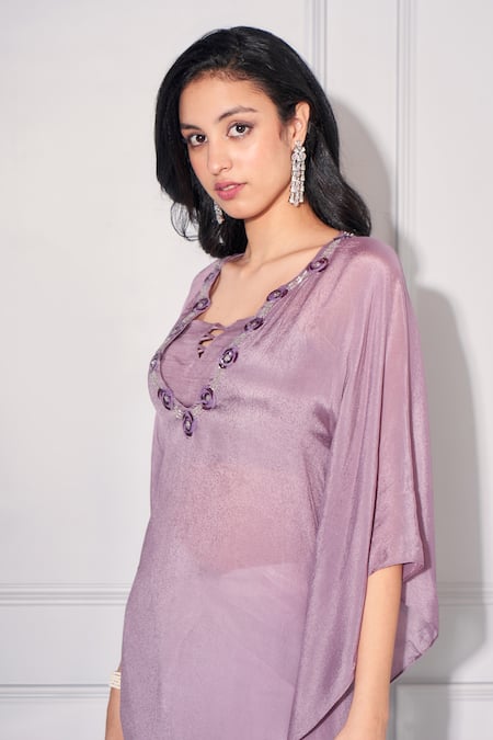 Shop_Kressa_Purple Crepe, Cotton, Silk Embroidery, Sequins Asymmetric, Yoke Kaftan Pant Set _Online_at_Aza_Fashions
