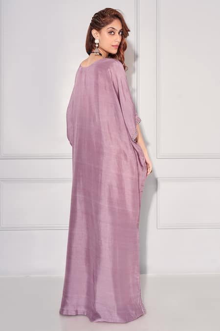 Shop_Kressa_Purple Silk Cut Work, Beads, Stones V-neck Pleated Draped Kaftan _at_Aza_Fashions