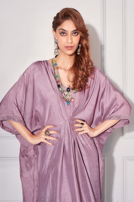 Kressa_Purple Silk Cut Work, Beads, Stones V-neck Pleated Draped Kaftan _Online_at_Aza_Fashions
