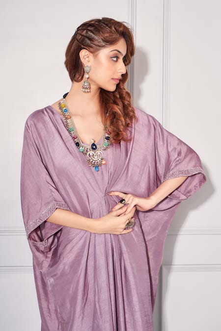 Buy_Kressa_Purple Silk Cut Work, Beads, Stones V-neck Pleated Draped Kaftan _Online_at_Aza_Fashions