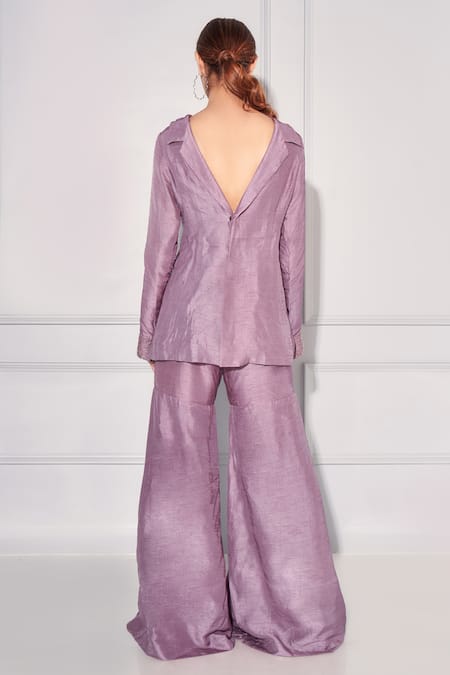 Shop_Kressa_Purple Silk Stones, Beads Collared Short Tunic And Pleated Sharara Set _at_Aza_Fashions