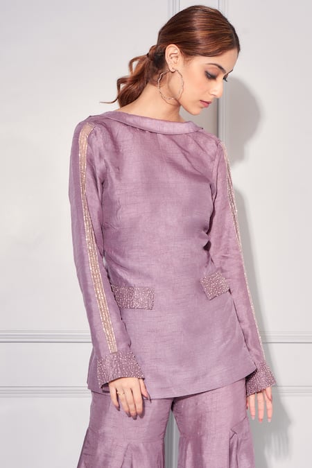 Shop_Kressa_Purple Silk Stones, Beads Collared Short Tunic And Pleated Sharara Set _Online_at_Aza_Fashions