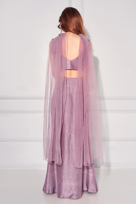 Shop Kressa Purple Silk, Tussar Beads, Sequins Fish Cut Lehenga Embroidered Blouse Set at Aza Fashions Shop_Kressa_Purple Silk, Tussar Beads, Sequins Fish Cut Lehenga Embroidered Blouse Set_at_Aza_Fashions