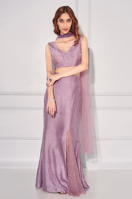 Kressa Purple Silk, Tussar Beads, Sequins Fish Cut Lehenga Embroidered Blouse Set Online at Aza Fashions Kressa_Purple Silk, Tussar Beads, Sequins Fish Cut Lehenga Embroidered Blouse Set_Online_at_Aza_Fashions