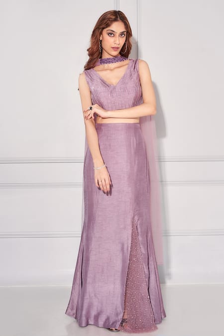 Buy Kressa Purple Silk, Tussar Beads, Sequins Fish Cut Lehenga Embroidered Blouse Set Buy_Kressa_Purple Silk, Tussar Beads, Sequins Fish Cut Lehenga Embroidered Blouse Set