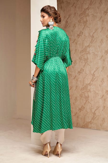 Shop Aditi Somani Green Modal, Satin, Crepe Bandhani Print Cape And Dhoti Pant Set at Aza Fashions Shop_Aditi Somani_Green Modal, Satin, Crepe Bandhani Print Cape And Dhoti Pant Set _at_Aza_Fashions