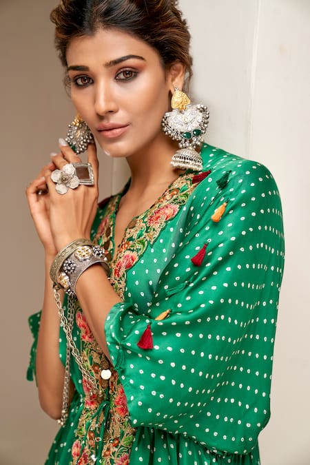 Aditi Somani Green Modal, Satin, Crepe Bandhani Print Cape And Dhoti Pant Set Online at Aza Fashions Aditi Somani_Green Modal, Satin, Crepe Bandhani Print Cape And Dhoti Pant Set _Online_at_Aza_Fashions