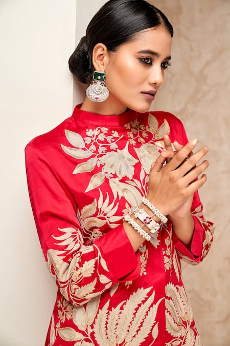 Aditi Somani_Red Silk, Cotton Embroidery Bandeau Neck Shirt And Dhoti Pant Set _Online_at_Aza_Fashions