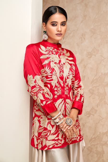 Buy_Aditi Somani_Red Silk, Cotton Embroidery Bandeau Neck Shirt And Dhoti Pant Set _Online_at_Aza_Fashions