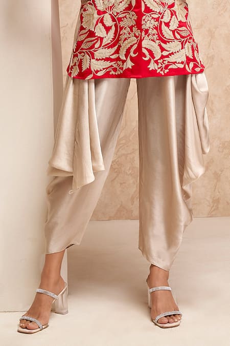 Shop_Aditi Somani_Red Silk, Cotton Embroidery Bandeau Neck Shirt And Dhoti Pant Set _Online_at_Aza_Fashions