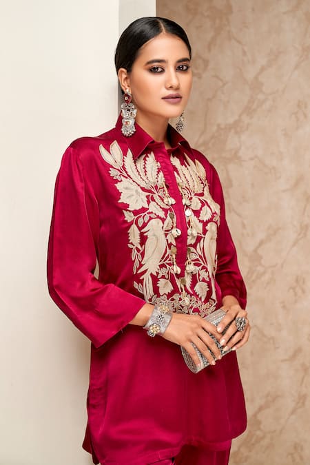 Aditi Somani Pink Silk, Cotton Embroidery Collared Shirt Tunic And Pant Set Online at Aza Fashions Aditi Somani_Pink Silk, Cotton Embroidery Collared Shirt Tunic And Pant Set _Online_at_Aza_Fashions