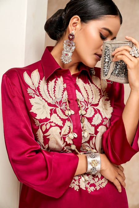 Buy Aditi Somani Pink Silk, Cotton Embroidery Collared Shirt Tunic And Pant Set Online at Aza Fashions Buy_Aditi Somani_Pink Silk, Cotton Embroidery Collared Shirt Tunic And Pant Set _Online_at_Aza_Fashions