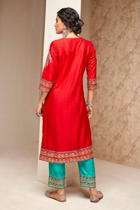 Shop Aditi Somani Red Cotton, Silk Sequins, Beads, Zari, Embroidery Aari Hand Kurta And Pant Set at Aza Fashions Shop_Aditi Somani_Red Cotton, Silk Sequins, Beads, Zari, Embroidery Aari Hand Kurta And Pant Set _at_Aza_Fashions
