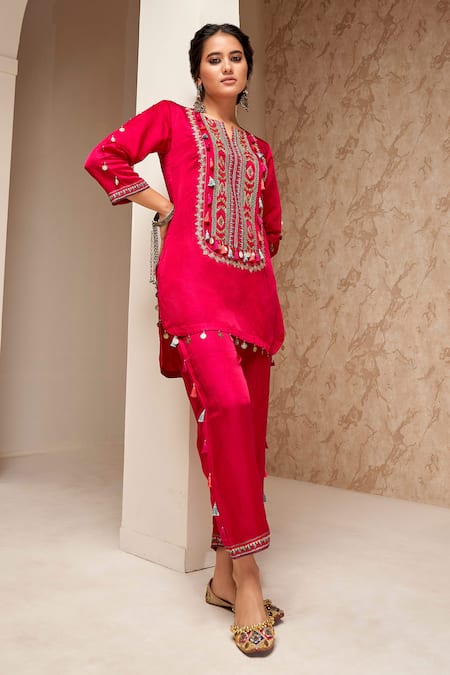 Shop Aditi Somani Pink Cotton, Linen Sequins, Tassels, Beads Split Embroidered Kurta And Pant Set at Aza Fashions Shop_Aditi Somani_Pink Cotton, Linen Sequins, Tassels, Beads Split Embroidered Kurta And Pant Set _at_Aza_Fashions