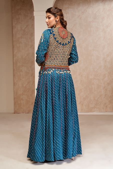 Shop Aditi Somani Blue Modal, Satin Sequins, Beads Open Neck, Round Embroidered Jacket Skirt Set at Aza Fashions Shop_Aditi Somani_Blue Modal, Satin Sequins, Beads Open Neck, Round Embroidered Jacket Skirt Set _at_Aza_Fashions