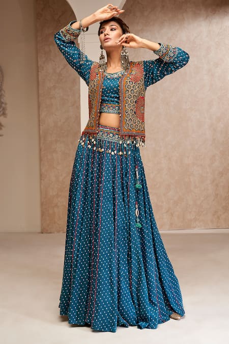 Aditi Somani Blue Modal, Satin Sequins, Beads Open Neck, Round Embroidered Jacket Skirt Set Online at Aza Fashions Aditi Somani_Blue Modal, Satin Sequins, Beads Open Neck, Round Embroidered Jacket Skirt Set _Online_at_Aza_Fashions