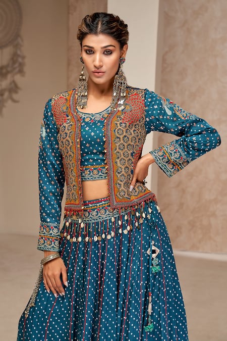Buy Aditi Somani Blue Modal, Satin Sequins, Beads Open Neck, Round Embroidered Jacket Skirt Set Online at Aza Fashions Buy_Aditi Somani_Blue Modal, Satin Sequins, Beads Open Neck, Round Embroidered Jacket Skirt Set _Online_at_Aza_Fashions