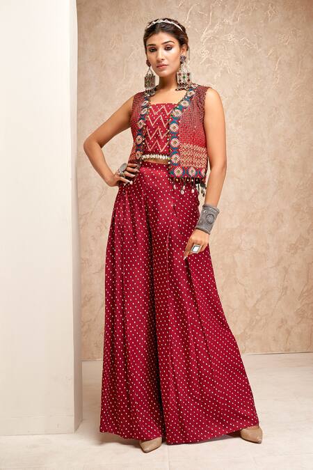 Aditi Somani Maroon Modal, Satin Embroidery, Sequins, Zari, Beads Short Jacket Palazzo Set Online at Aza Fashions Aditi Somani_Maroon Modal, Satin Embroidery, Sequins, Zari, Beads Short Jacket Palazzo Set _Online_at_Aza_Fashions