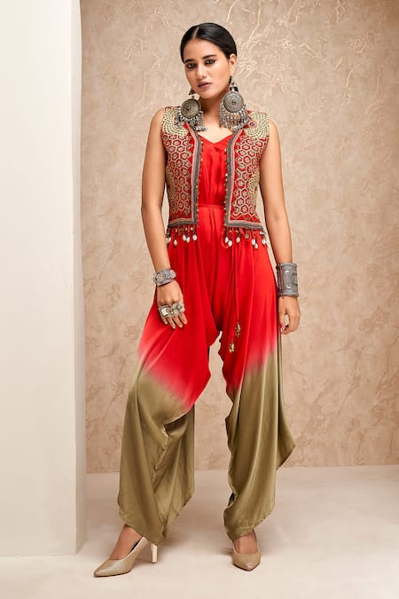 Aditi Somani Red Modal Satin Embroidery Zari Jumpsuit V Neck Shaded Dhoti With Jacket