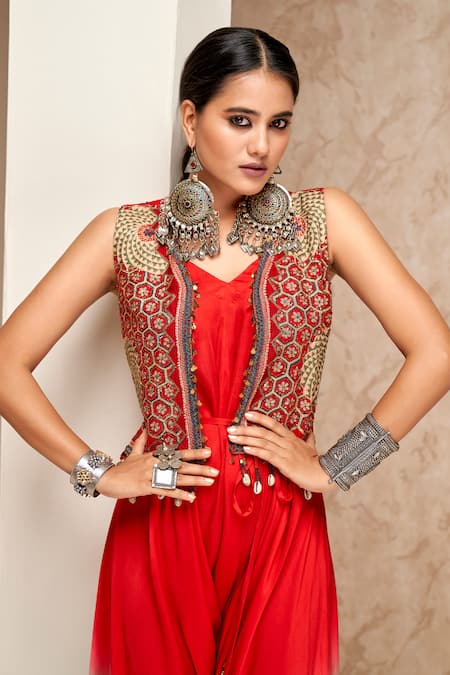 Aditi Somani Red Modal, Satin Sequins, Zari, Shaded Dhoti Jumpsuit With Embroidered Jacket Online at Aza Fashions Aditi Somani_Red Modal, Satin Sequins, Zari, Shaded Dhoti Jumpsuit With Embroidered Jacket _Online_at_Aza_Fashions