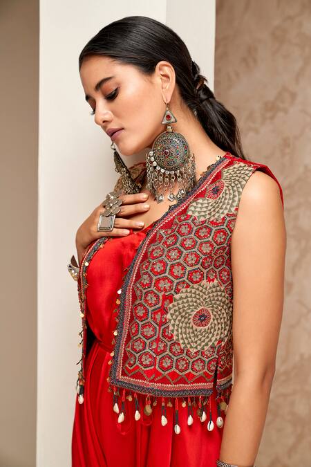 Buy Aditi Somani Red Modal, Satin Sequins, Zari, Shaded Dhoti Jumpsuit With Embroidered Jacket Online at Aza Fashions Buy_Aditi Somani_Red Modal, Satin Sequins, Zari, Shaded Dhoti Jumpsuit With Embroidered Jacket _Online_at_Aza_Fashions