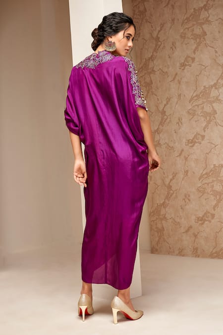 Shop Aditi Somani Purple Silk Embroidery, Sequins V-neck Thread Kaftan at Aza Fashions Shop_Aditi Somani_Purple Silk Embroidery, Sequins V-neck Thread Kaftan _at_Aza_Fashions