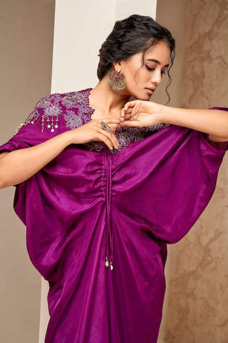 Aditi Somani Purple Silk Embroidery, Sequins V-neck Thread Kaftan Online at Aza Fashions Aditi Somani_Purple Silk Embroidery, Sequins V-neck Thread Kaftan _Online_at_Aza_Fashions