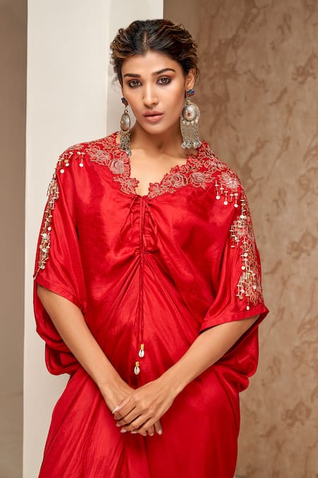 Aditi Somani_Red Silk Sequins, Embroidery V-neck Cutwork Kaftan _Online_at_Aza_Fashions