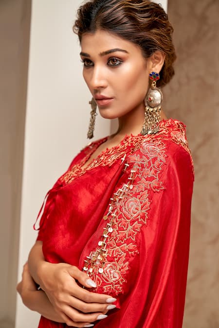 Buy_Aditi Somani_Red Silk Sequins, Embroidery V-neck Cutwork Kaftan _Online_at_Aza_Fashions