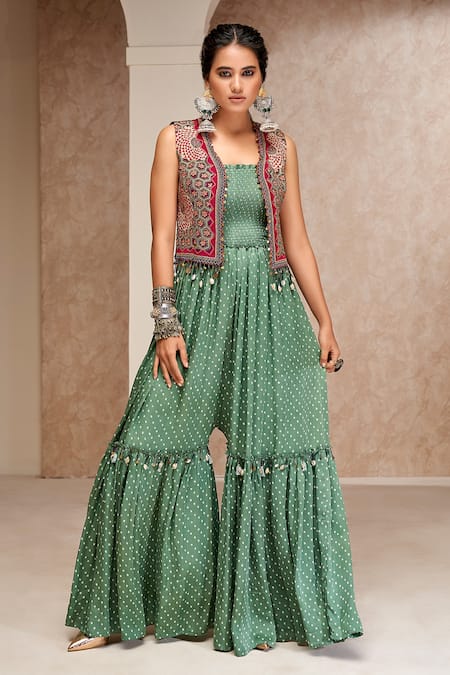 Aditi Somani Purple Modal, Satin Embroidery Square Neck, Bandhani Jumpsuit With Jacket Online at Aza Fashions Aditi Somani_Purple Modal, Satin Embroidery Square Neck, Bandhani Jumpsuit With Jacket _Online_at_Aza_Fashions