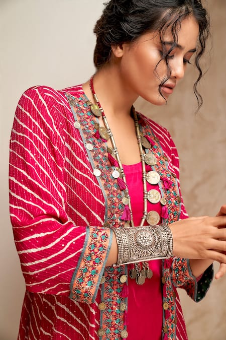 Aditi Somani_Green Georgette, Modal, Satin Embroidery Round Neck, Leheriya Cape And Pant Set _Online_at_Aza_Fashions