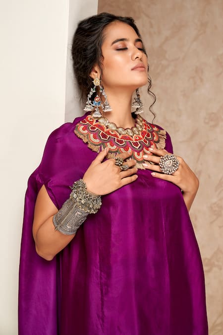 Buy_Aditi Somani_Purple Silk, Modal Embroidery Triangle Cut Cape And Dhoti Pant Set _Online_at_Aza_Fashions