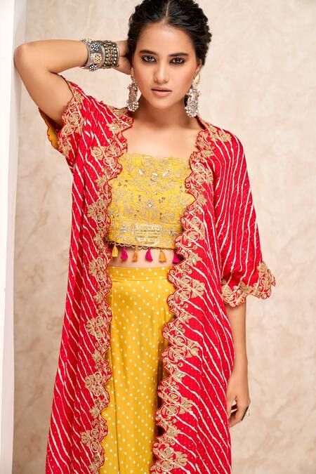 Aditi Somani_Red Modal, Georgette Embroidery Open Neck, Leheriya Pattern Cape And Pant Set _Online_at_Aza_Fashions